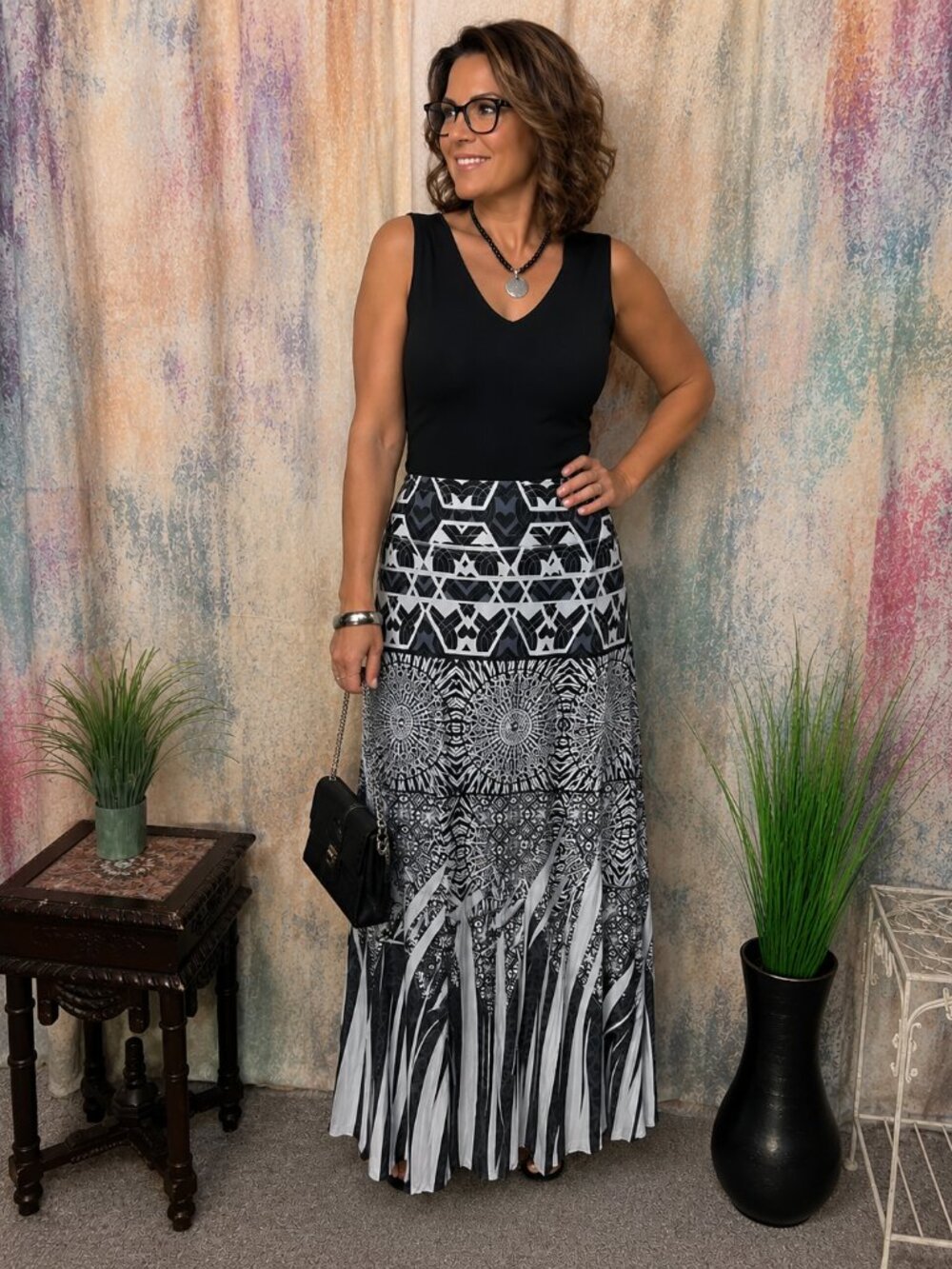 📌Mixed Geometric & Mandala-Inspired Border Print - Gemstones Maxi Skirt